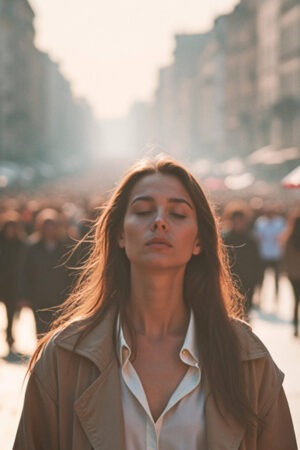 Mujer en medio de una multitud