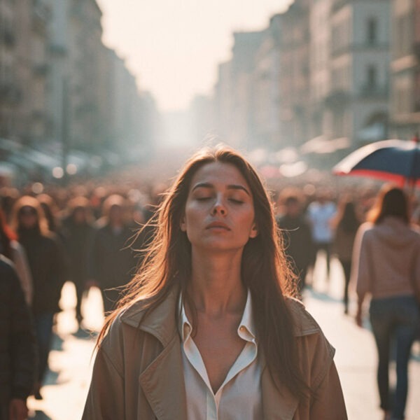 Woman in the middle of a crowd